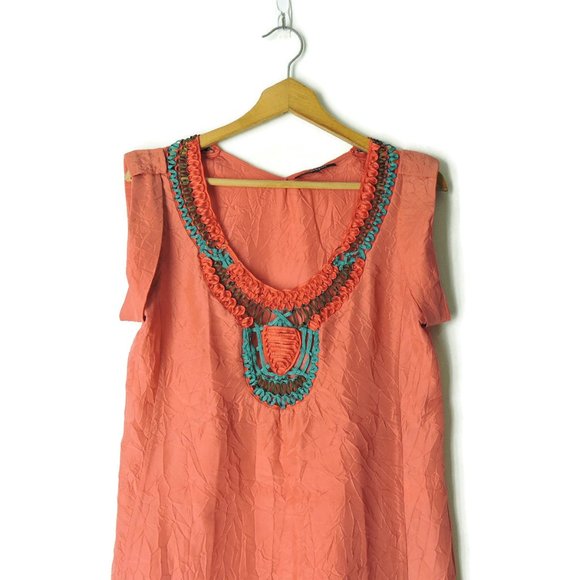 Nanette Lepore gorgeous crinkle silk coral red green embellished blouse top 0 - Picture 3 of 9